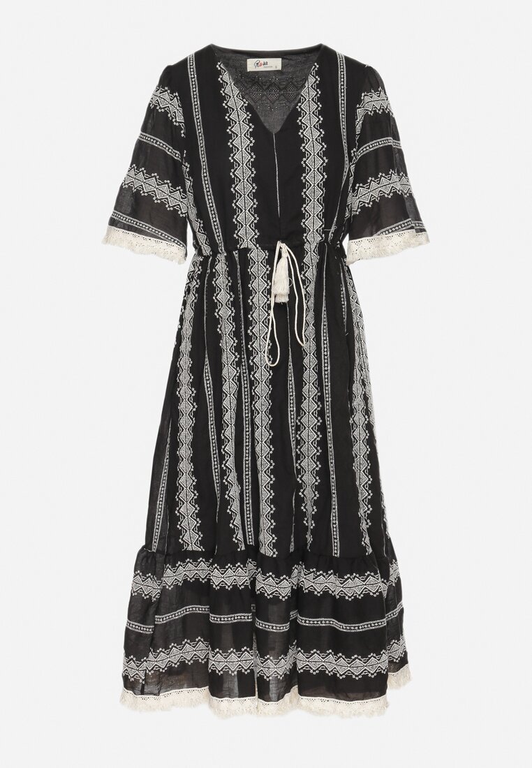 rosa Rochie Neagră din Bumbac Stil Boho cu Croi Evazat cu Legătură și Broderie Korithira
