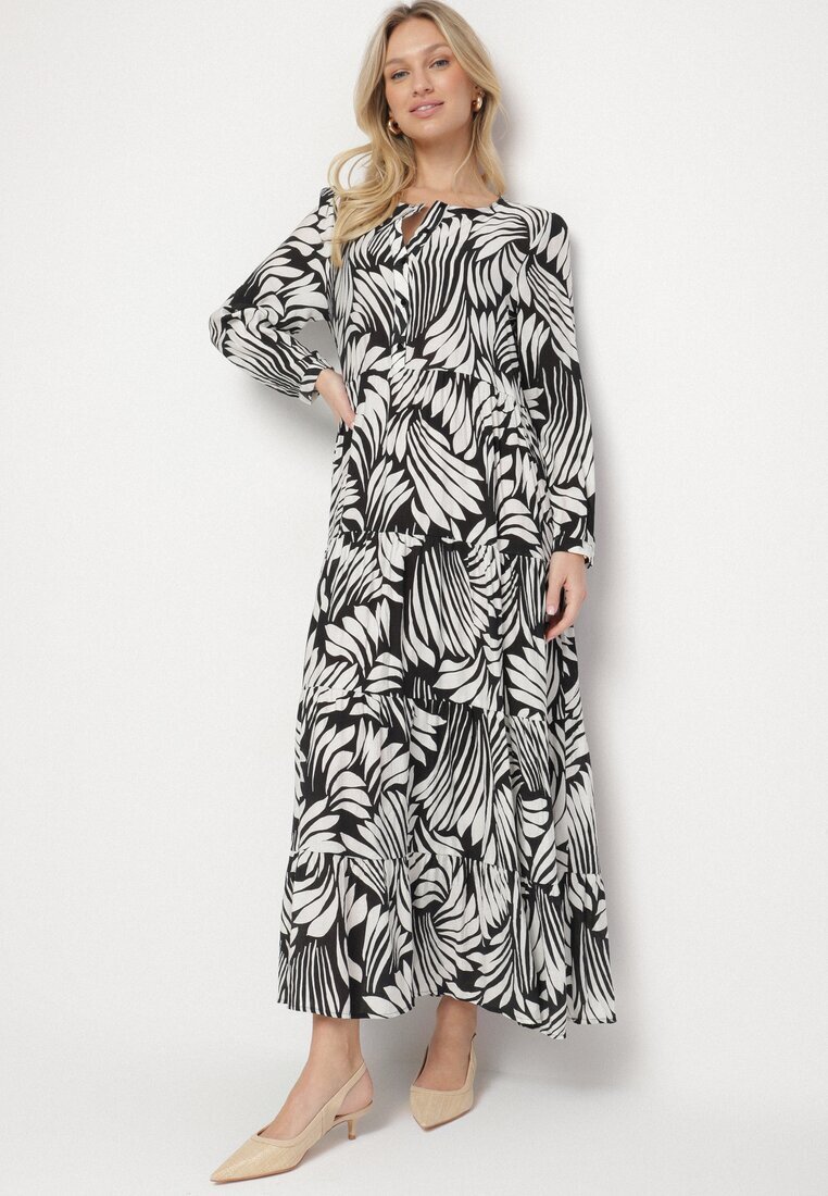 rosa Rochie Neagră Evazată cu Viscoză Decorată cu Model Abstract Ivelavia