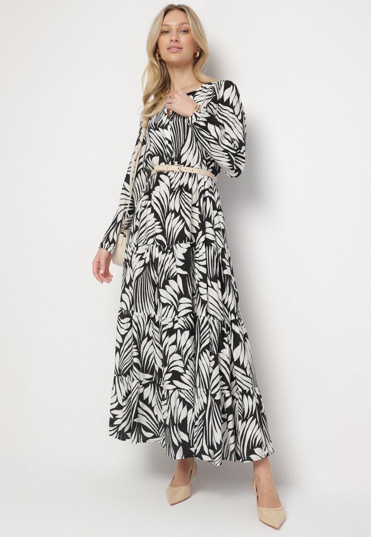 rosa Rochie Neagră Evazată cu Viscoză Decorată cu Model Abstract Ivelavia