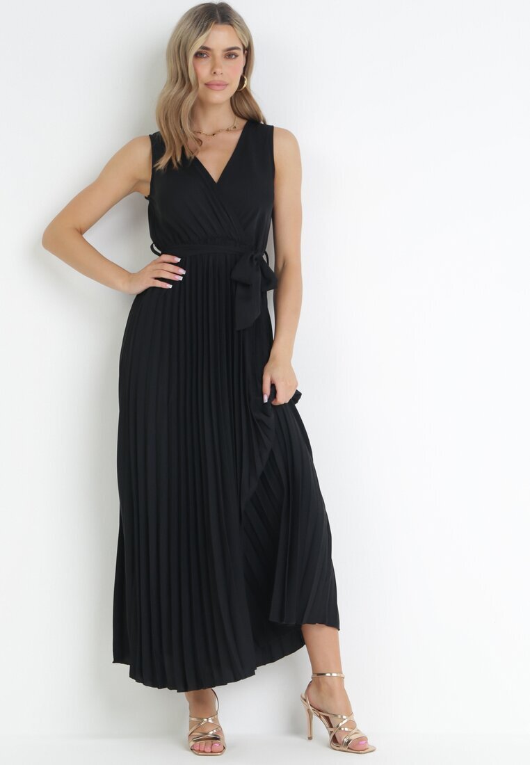 rosa Rochie Neagră Plisată Maxi cu elastic în talie și curea din material Biak