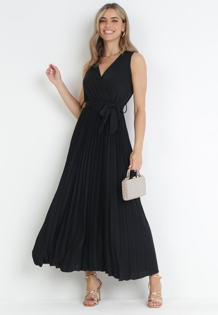 rosa Rochie Neagră Plisată Maxi cu elastic în talie și curea din material Biak