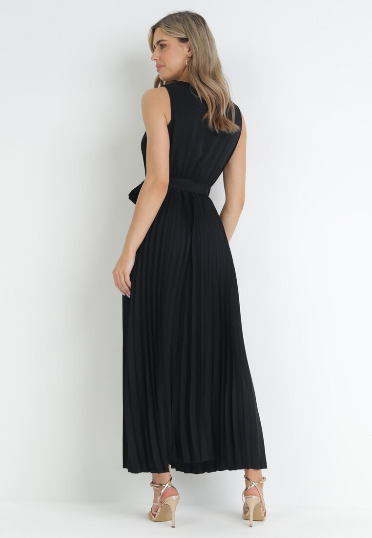 rosa Rochie Neagră Plisată Maxi cu elastic în talie și curea din material Biak