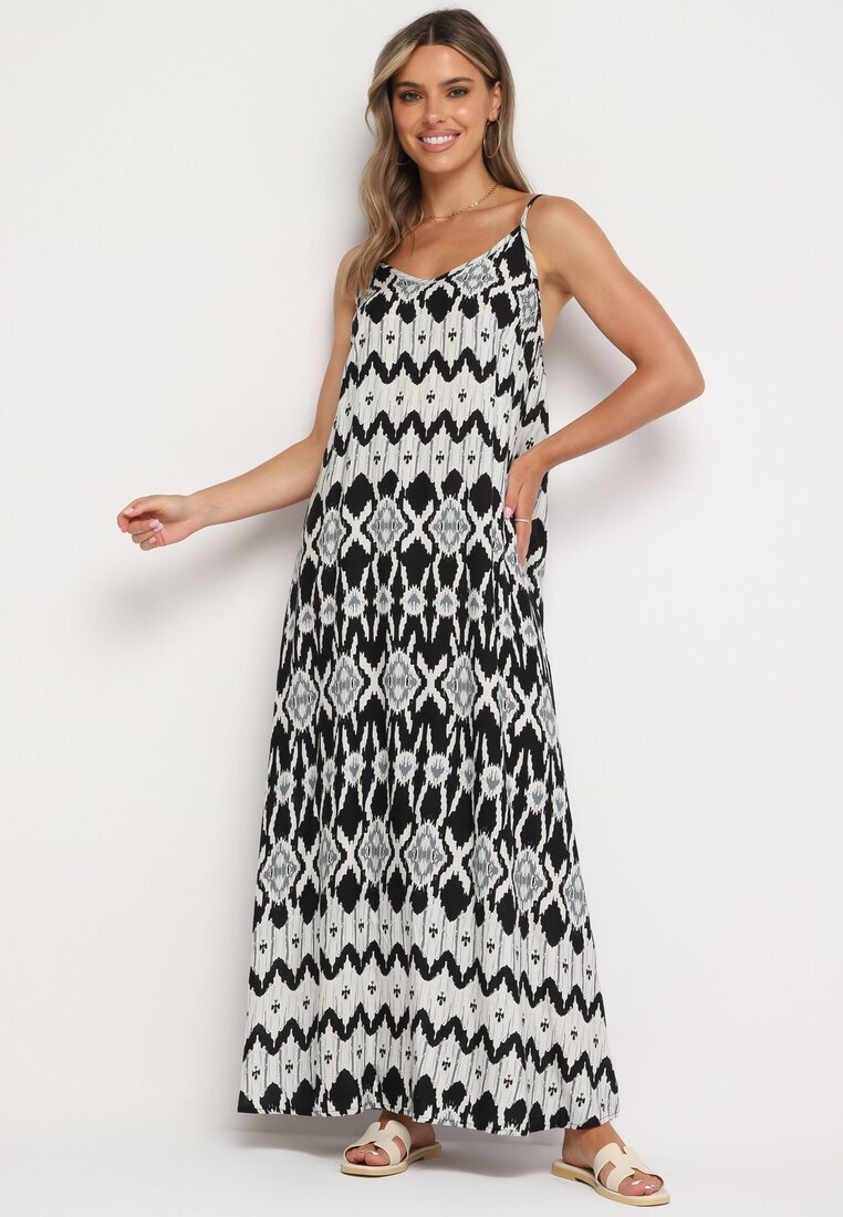 rosa Rochie Negru-Alb din viscoză cu bretele reglabile cu imprimeu geometric Vididia