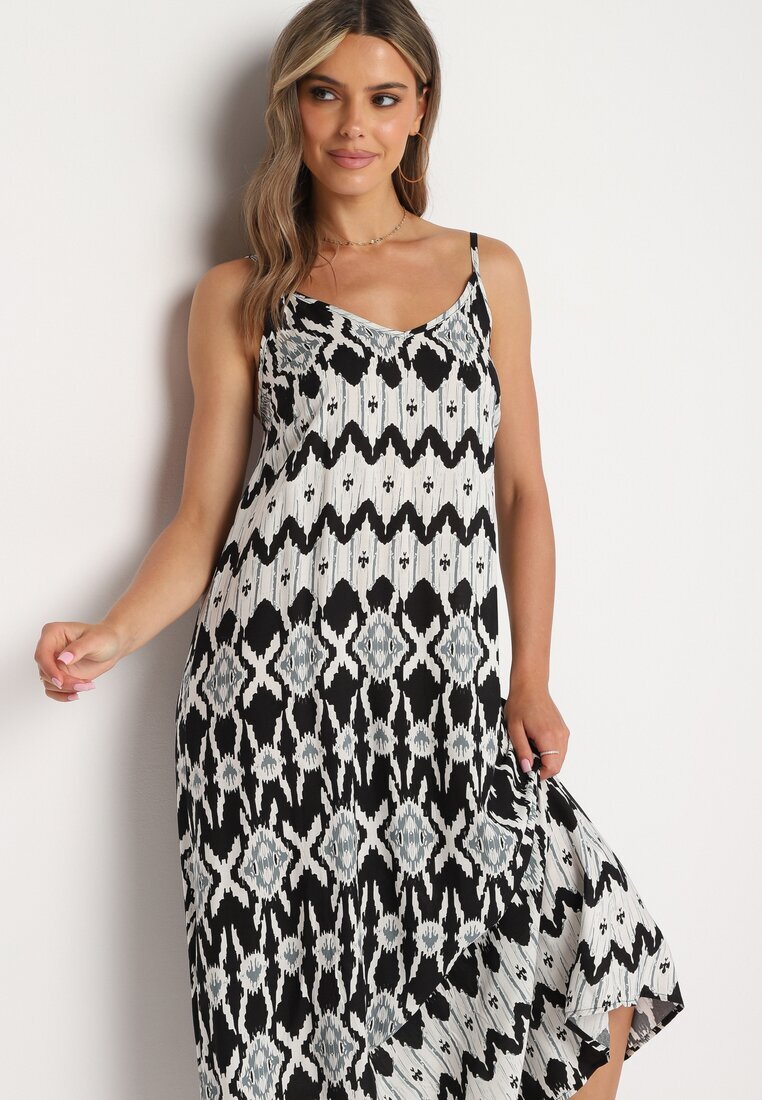 rosa Rochie Negru-Alb din viscoză cu bretele reglabile cu imprimeu geometric Vididia
