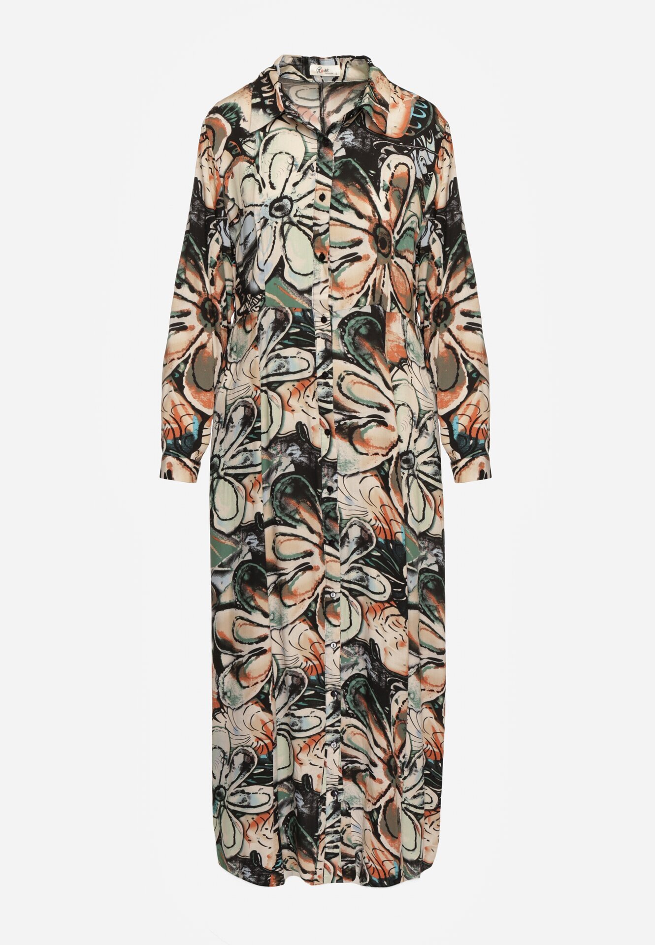 rosa Rochie Negru-Bej Stil Cămașă Florală din Viscoză Decorată cu Nasturi Enanoris