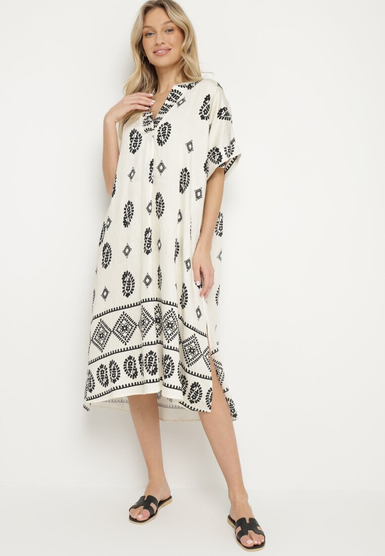 rosa Rochie Negru-Crem de viscoză Boho cu Croială Dreaptă și Șlițuri Nelbia