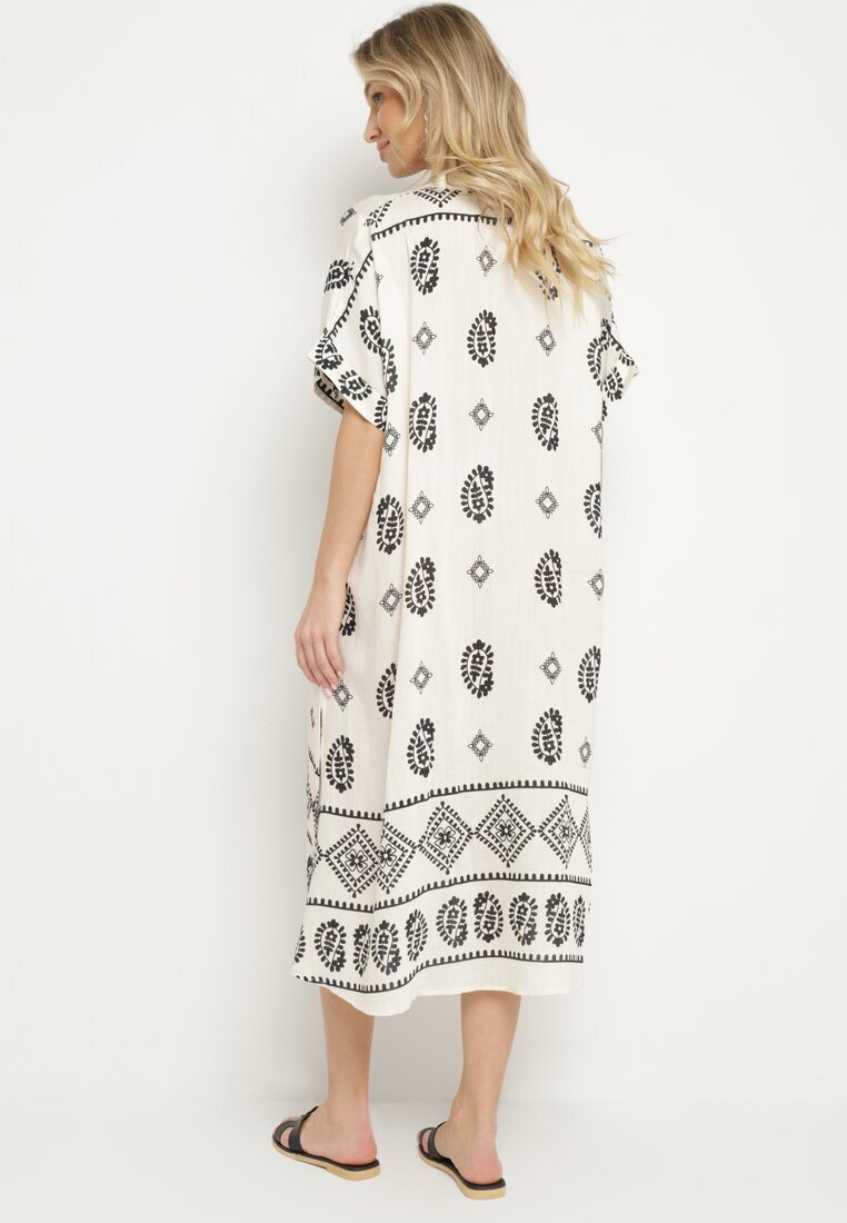 rosa Rochie Negru-Crem de viscoză Boho cu Croială Dreaptă și Șlițuri Nelbia