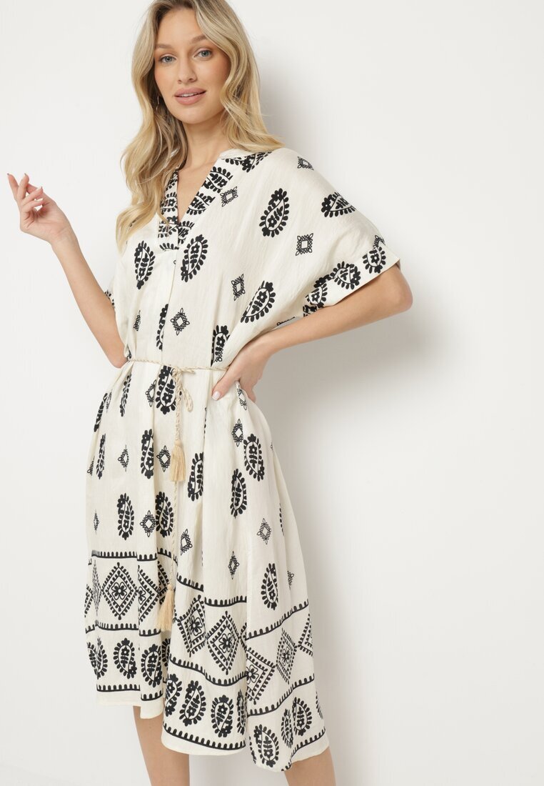 rosa Rochie Negru-Crem de viscoză Boho cu Croială Dreaptă și Șlițuri Nelbia