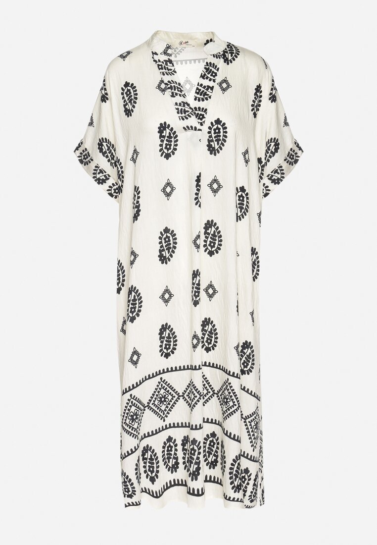 rosa Rochie Negru-Crem de viscoză Boho cu Croială Dreaptă și Șlițuri Nelbia
