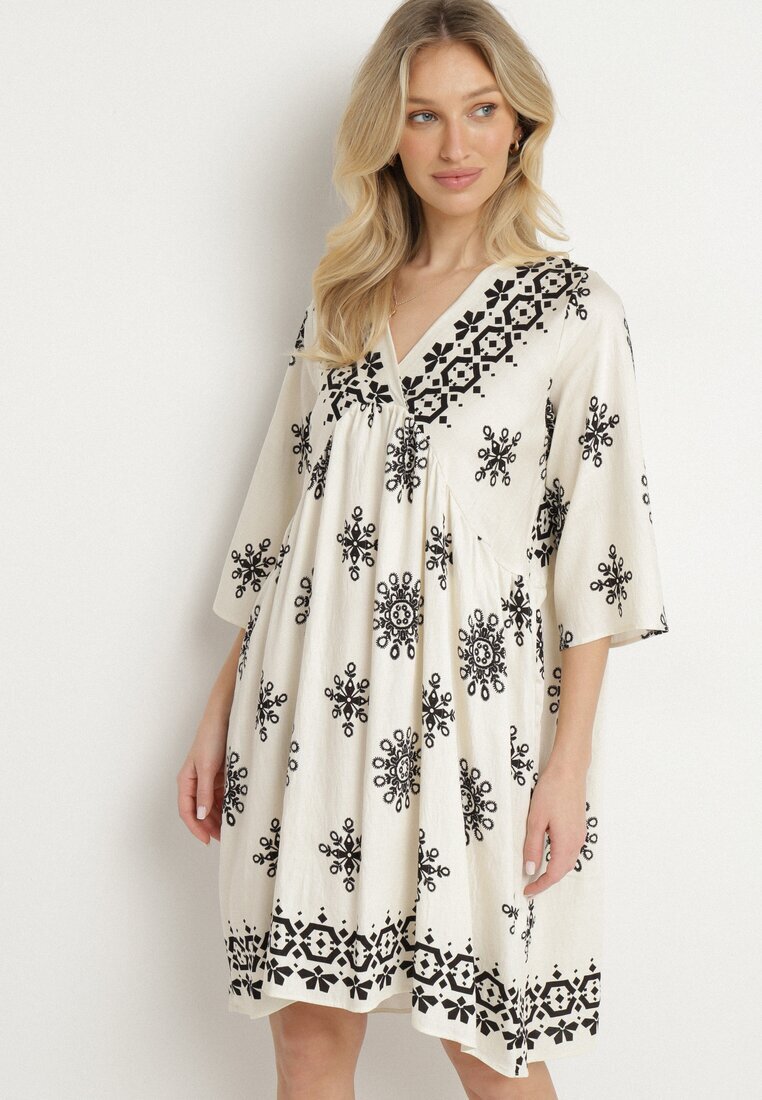 rosa Rochie Negru-Crem în stil Boho cu viscoză Davivara