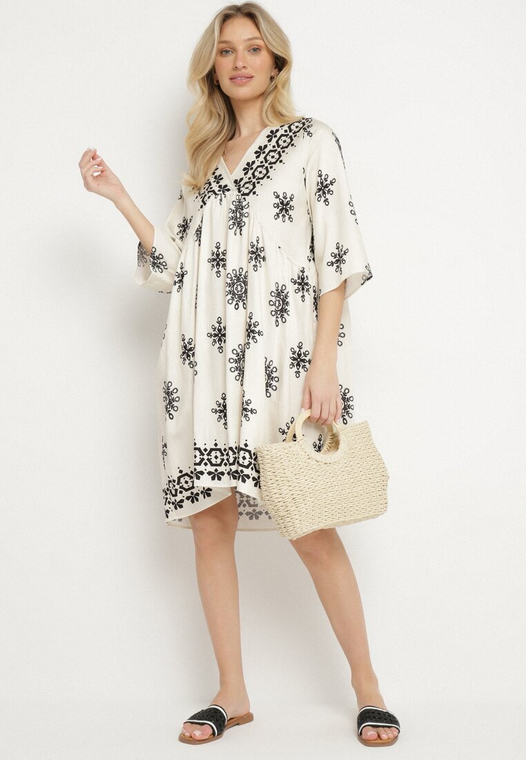 rosa Rochie Negru-Crem în stil Boho cu viscoză Davivara