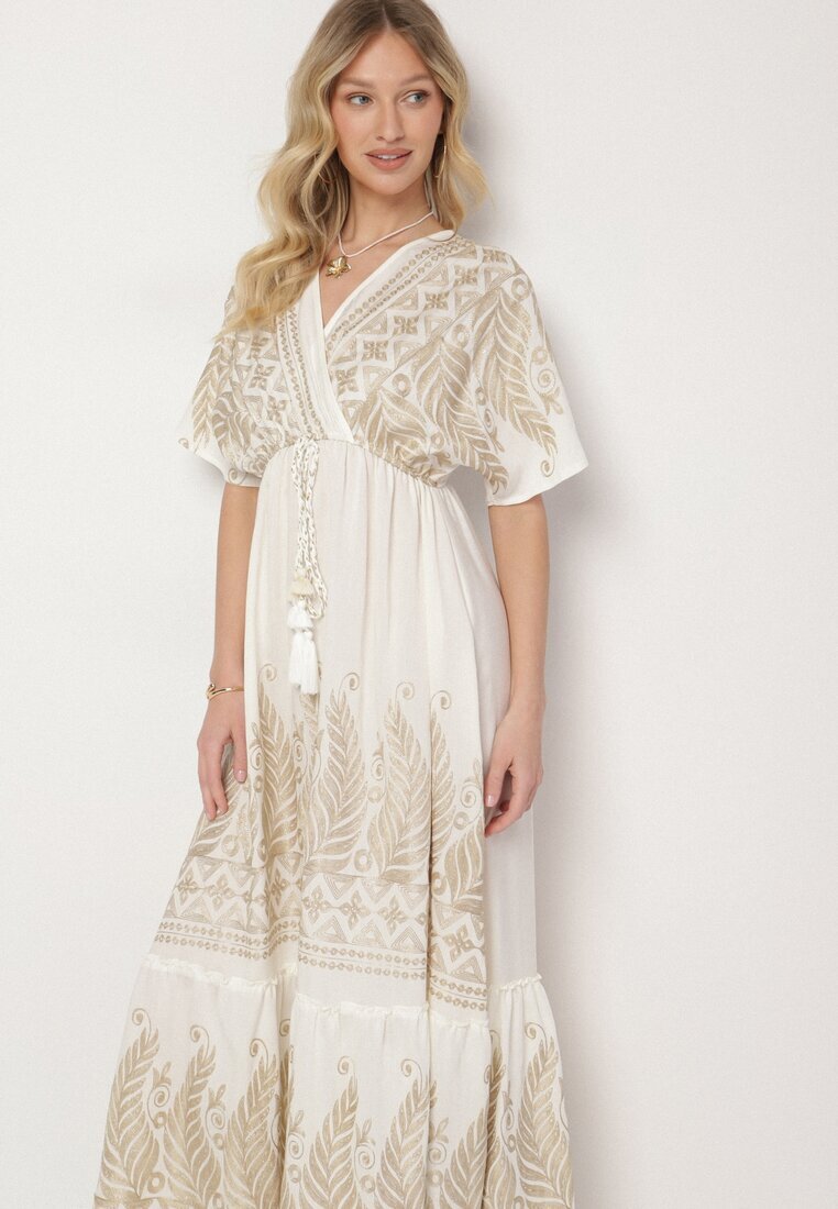 rosa Rochie petrecută albă din viscoză decorată cu franjuri și broderie metalică Redeirae