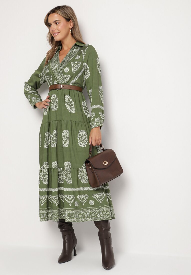 rosa Rochie petrecută cloș verde cu vâscoză cu model etnic cu curea Mirizia