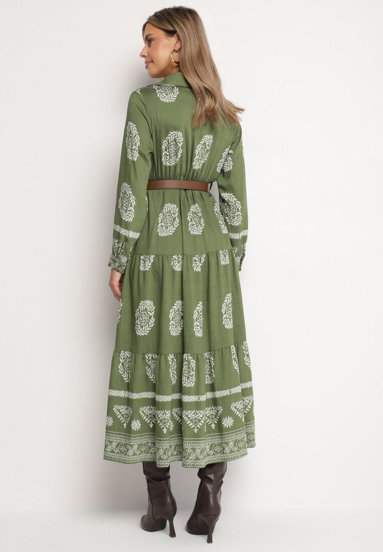 rosa Rochie petrecută cloș verde cu vâscoză cu model etnic cu curea Mirizia