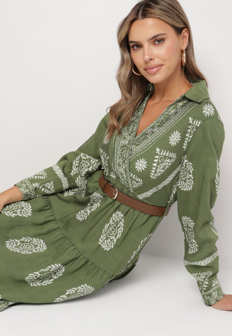 rosa Rochie petrecută cloș verde cu vâscoză cu model etnic cu curea Mirizia