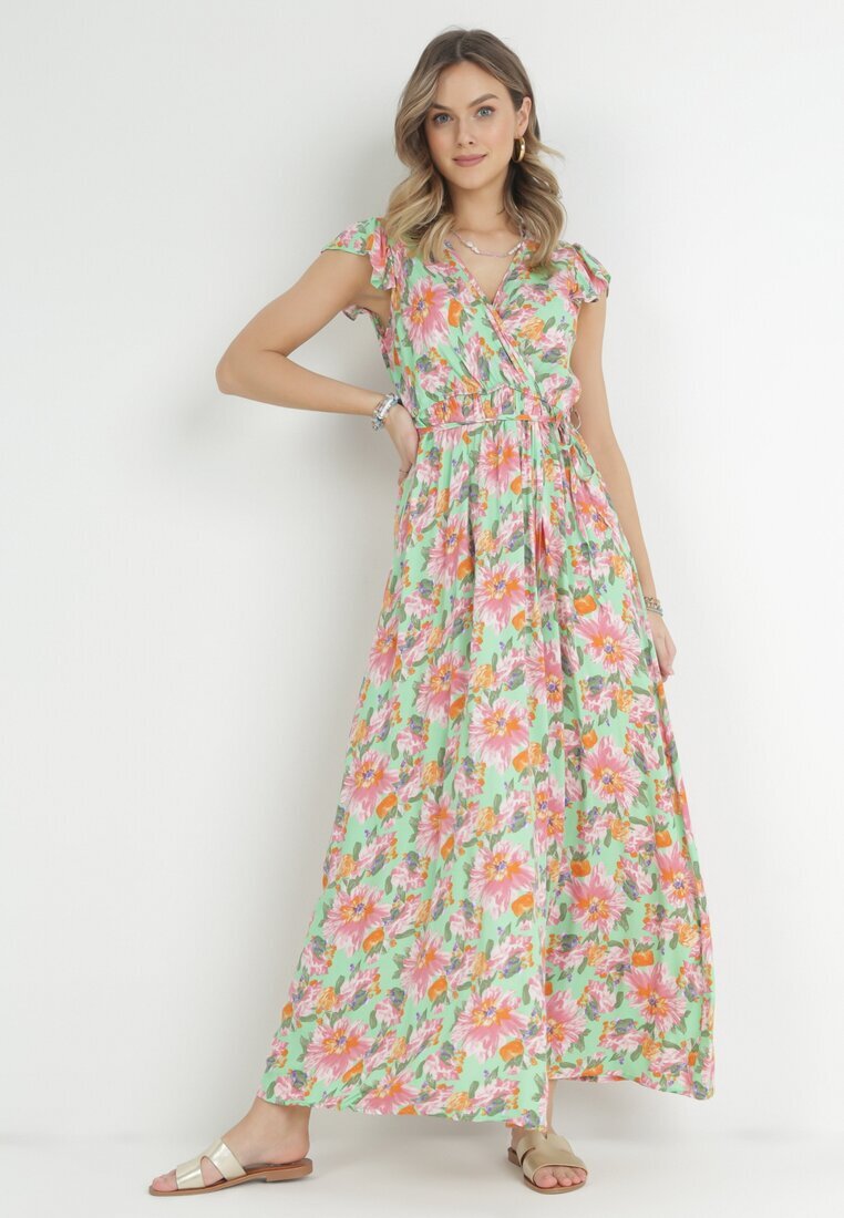 rosa Rochie petrecută verde deschis cu elastic în talie cu imprimeu floral Pive