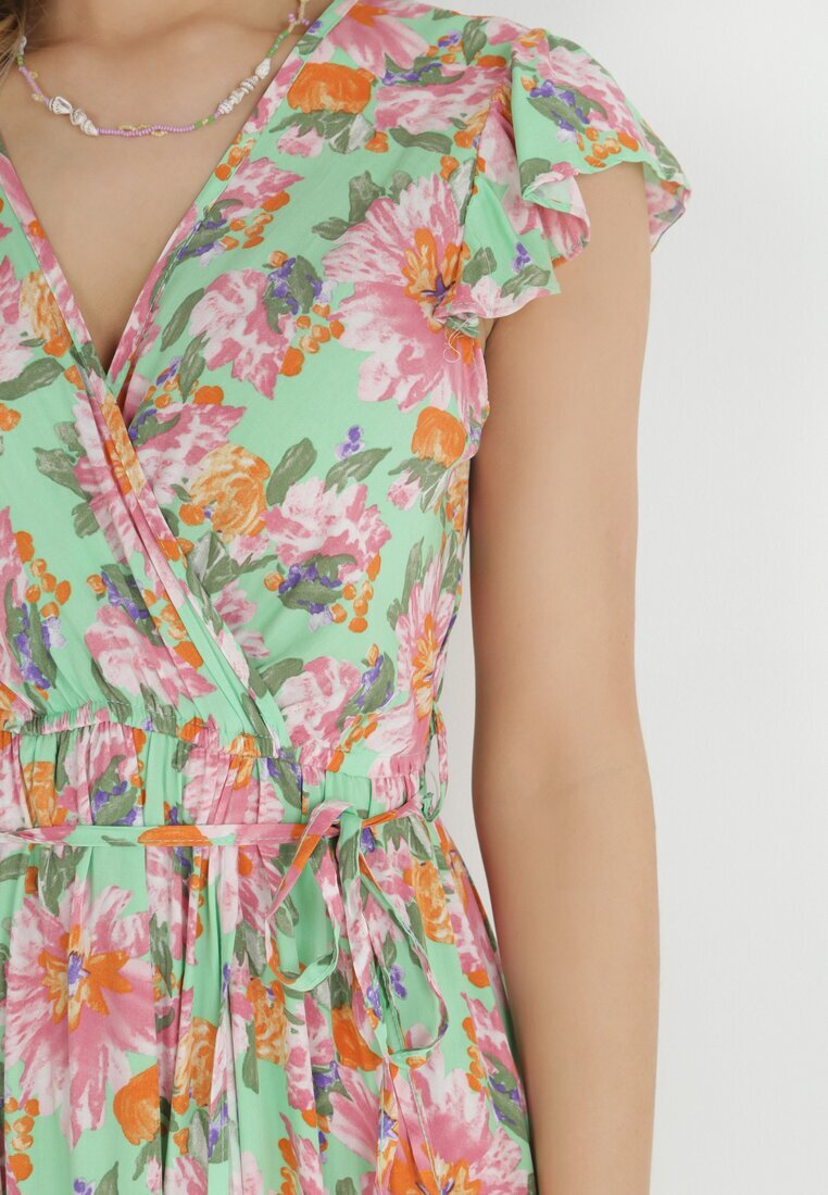 rosa Rochie petrecută verde deschis cu elastic în talie cu imprimeu floral Pive