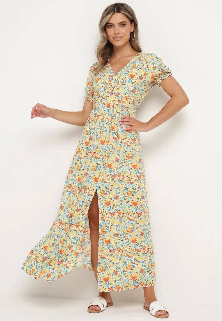 rosa Rochie Portocalie-Albastră Cloș din Viscoză cu Elastic în Talie și Crăpătură pe Picior Missani