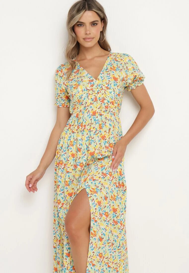 rosa Rochie Portocalie-Albastră Cloș din Viscoză cu Elastic în Talie și Crăpătură pe Picior Missani