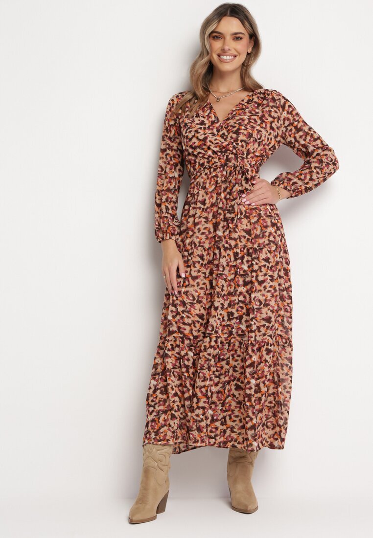 rosa Rochie Portocalie cu Decolteu în Plic și Imprimeu Leopard Conneie