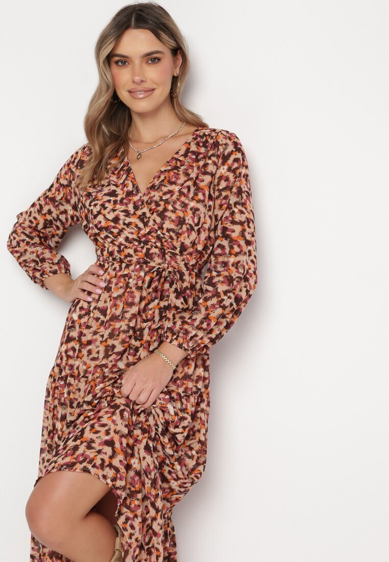 rosa Rochie Portocalie cu Decolteu în Plic și Imprimeu Leopard Conneie