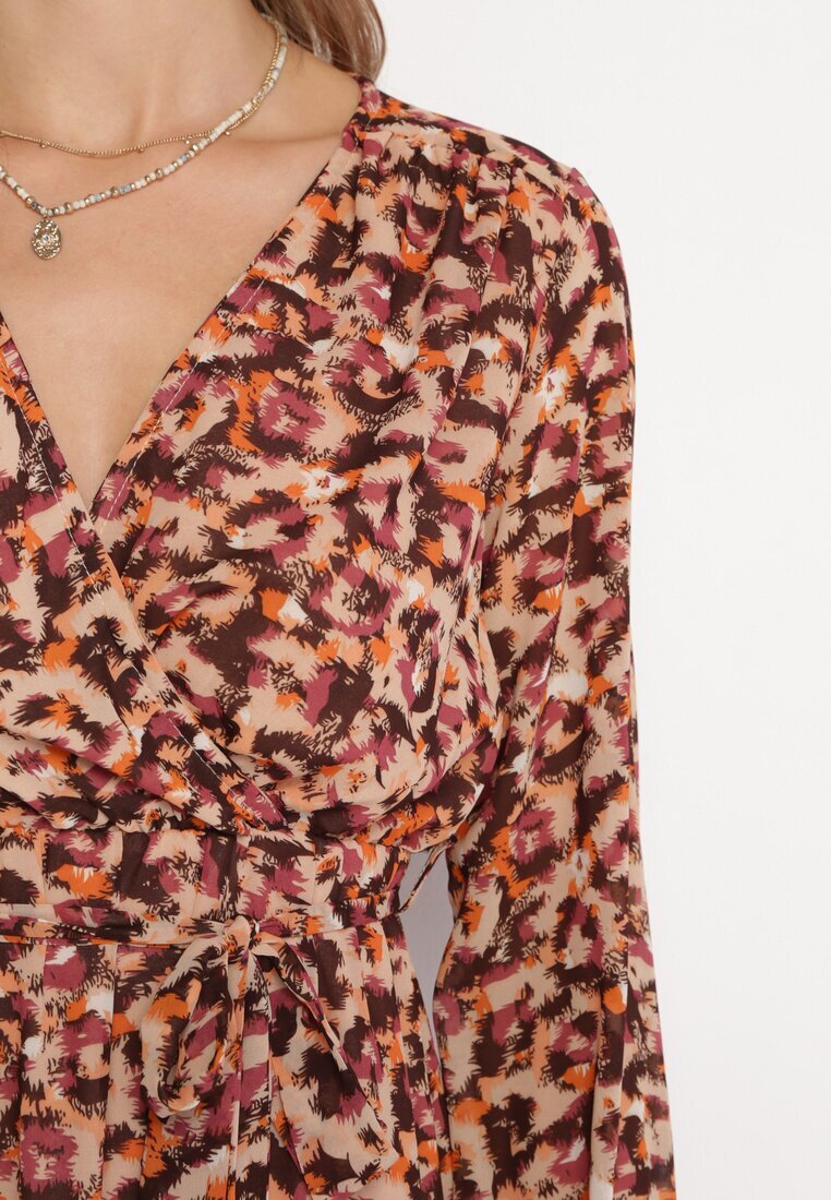 rosa Rochie Portocalie cu Decolteu în Plic și Imprimeu Leopard Conneie