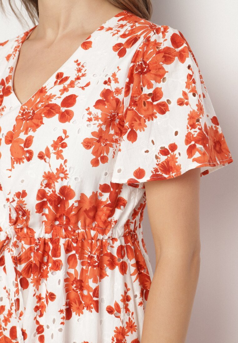 rosa Rochie Portocalie din bumbac perforată cu flori cu tiv evazat Florbia