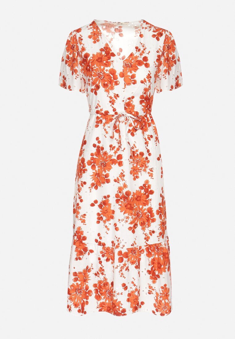 rosa Rochie Portocalie din bumbac perforată cu flori cu tiv evazat Florbia