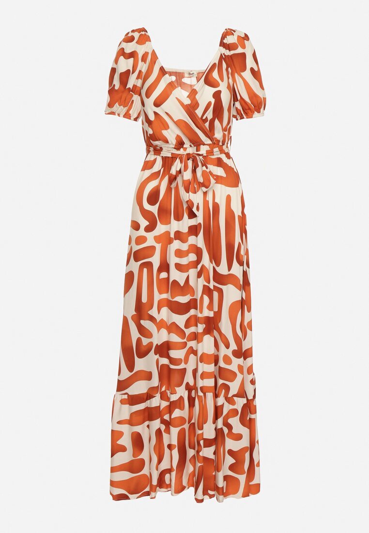 rosa Rochie Portocalie din Viscoză cu Decolteu Petrecut și Curea din Material cu Elastic în Talie Vikailla