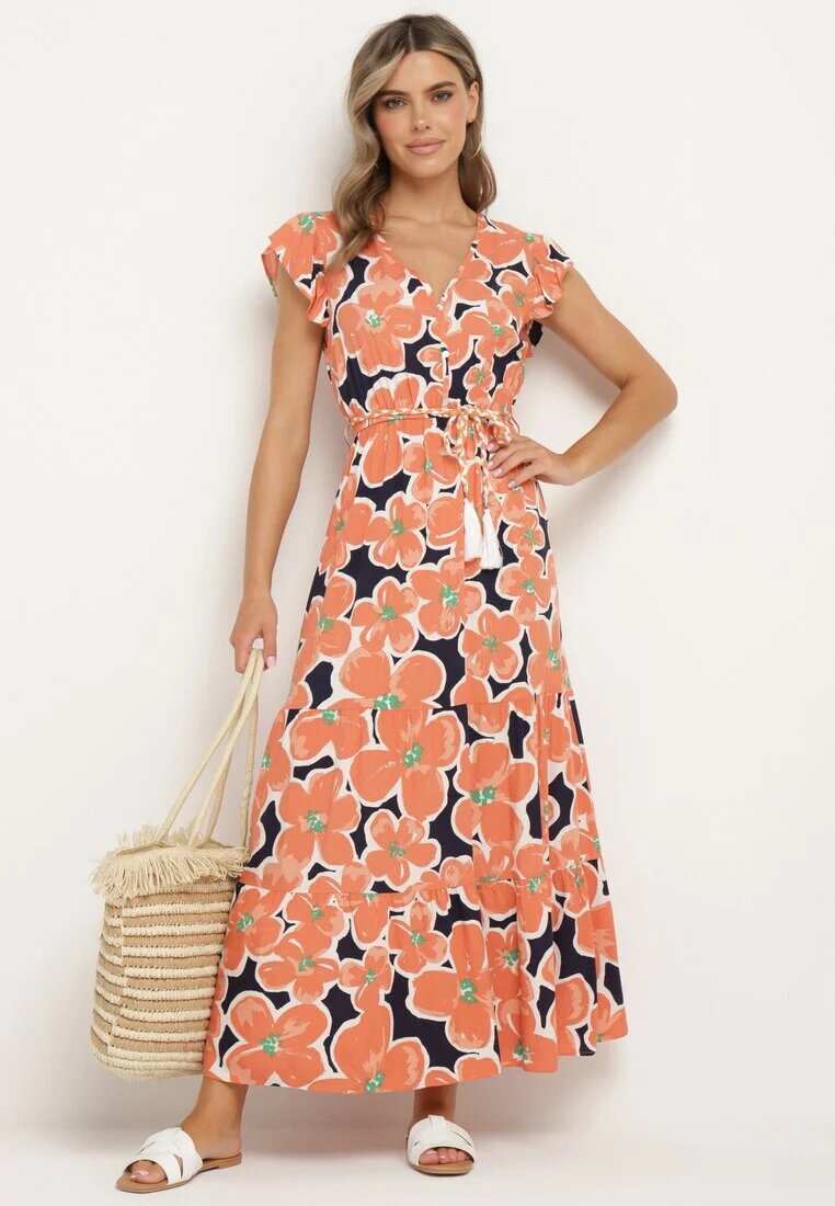 rosa Rochie Portocalie din Viscoză cu Flori cu Elastic în Talie cu Curea Decorativă Vikellie