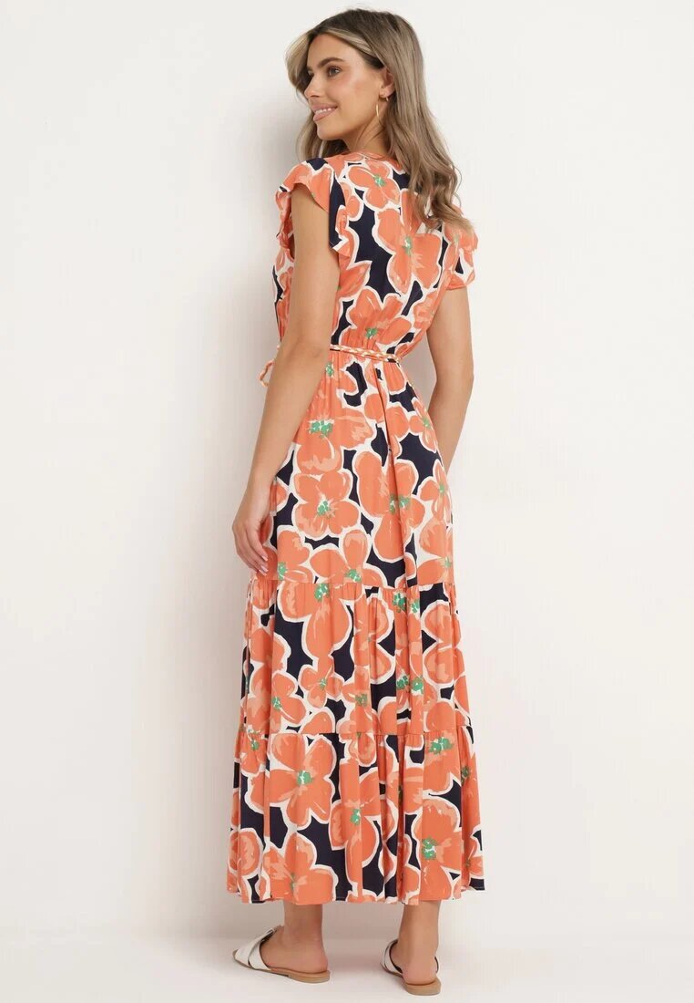 rosa Rochie Portocalie din Viscoză cu Flori cu Elastic în Talie cu Curea Decorativă Vikellie