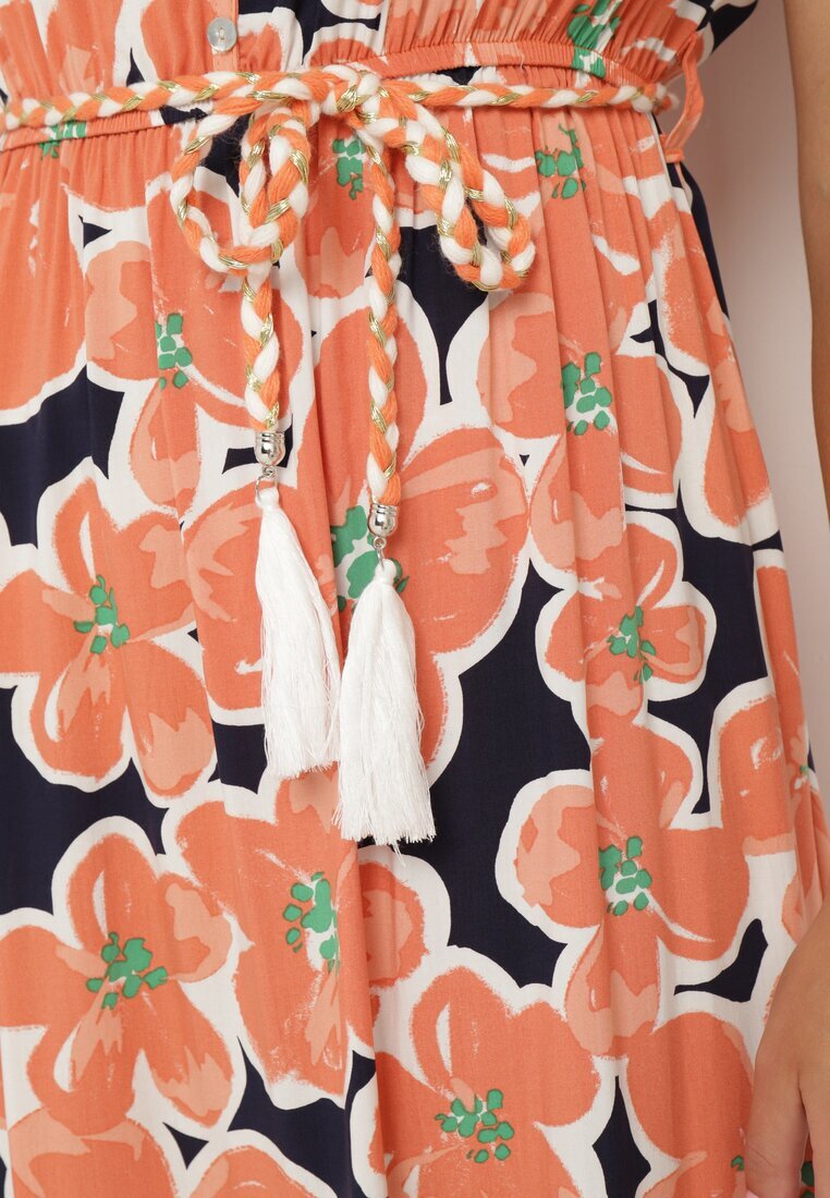 rosa Rochie Portocalie din Viscoză cu Flori cu Elastic în Talie cu Curea Decorativă Vikellie