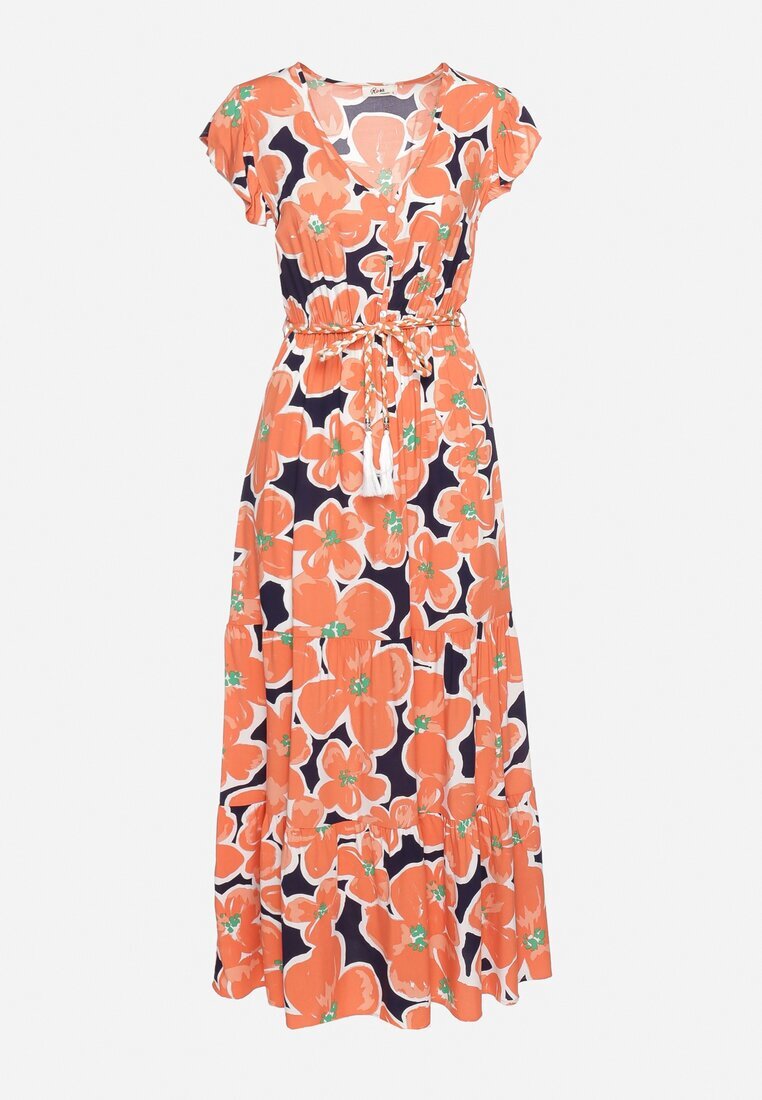 rosa Rochie Portocalie din Viscoză cu Flori cu Elastic în Talie cu Curea Decorativă Vikellie
