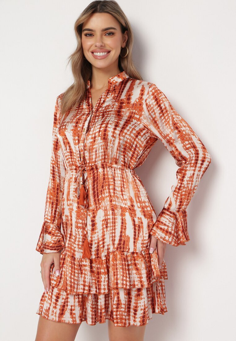 rosa Rochie Portocalie Mini Decorată cu Volane și Model Acuarelă Panava