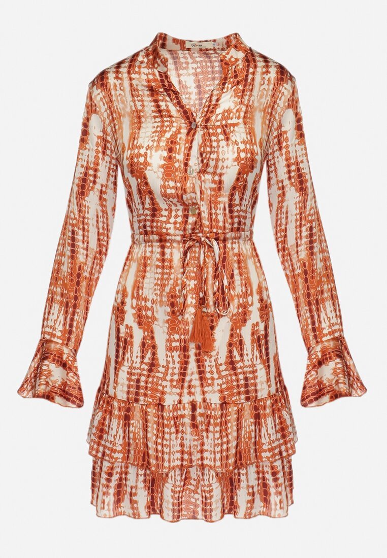 rosa Rochie Portocalie Mini Decorată cu Volane și Model Acuarelă Panava