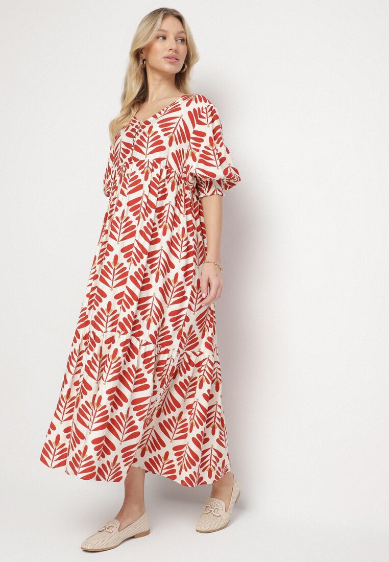 rosa Rochie Roșie Cloș cu Vâscoză cu Motiv Floral Loredia