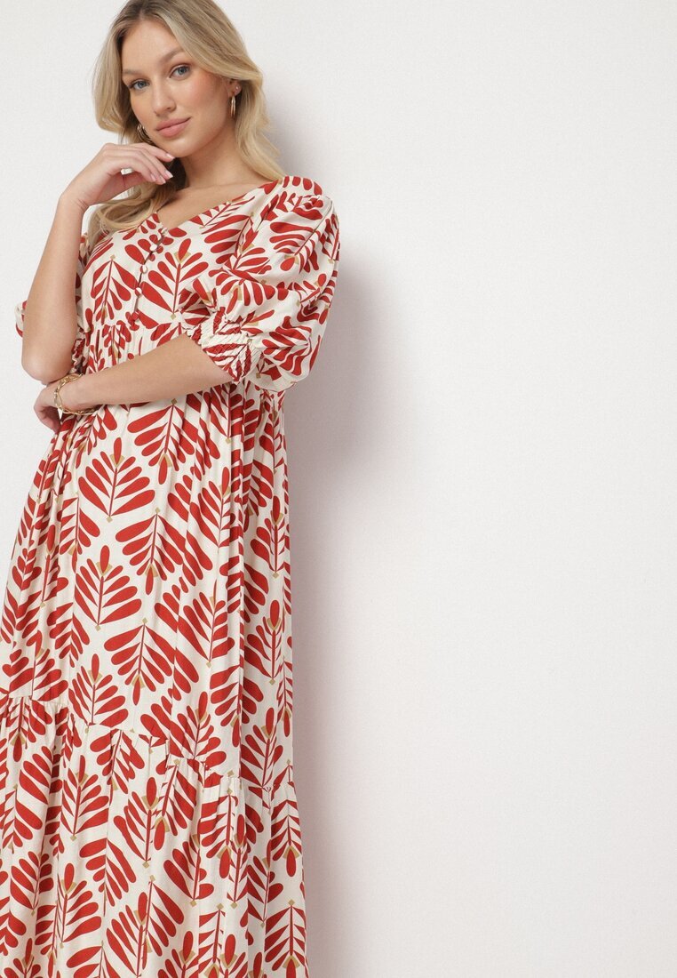 rosa Rochie Roșie Cloș cu Vâscoză cu Motiv Floral Loredia