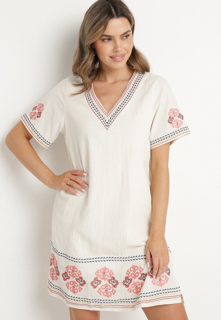 rosa Rochie Roșie de Bumbac cu Croială Dreaptă Decorată cu Broderii Tirkio