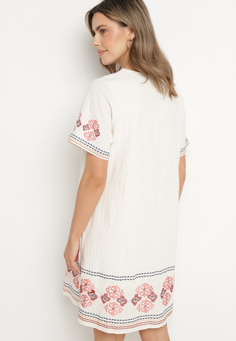 rosa Rochie Roșie de Bumbac cu Croială Dreaptă Decorată cu Broderii Tirkio