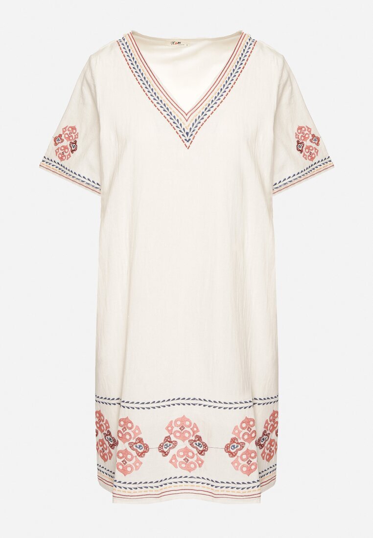 rosa Rochie Roșie de Bumbac cu Croială Dreaptă Decorată cu Broderii Tirkio