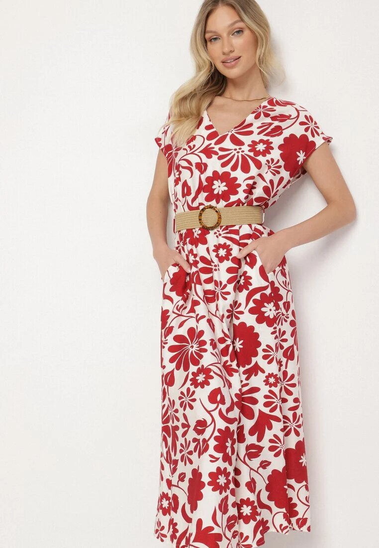 rosa Rochie Roșie din viscoză cu croi evazat cu curea decorativă cu cataramă Zarolena
