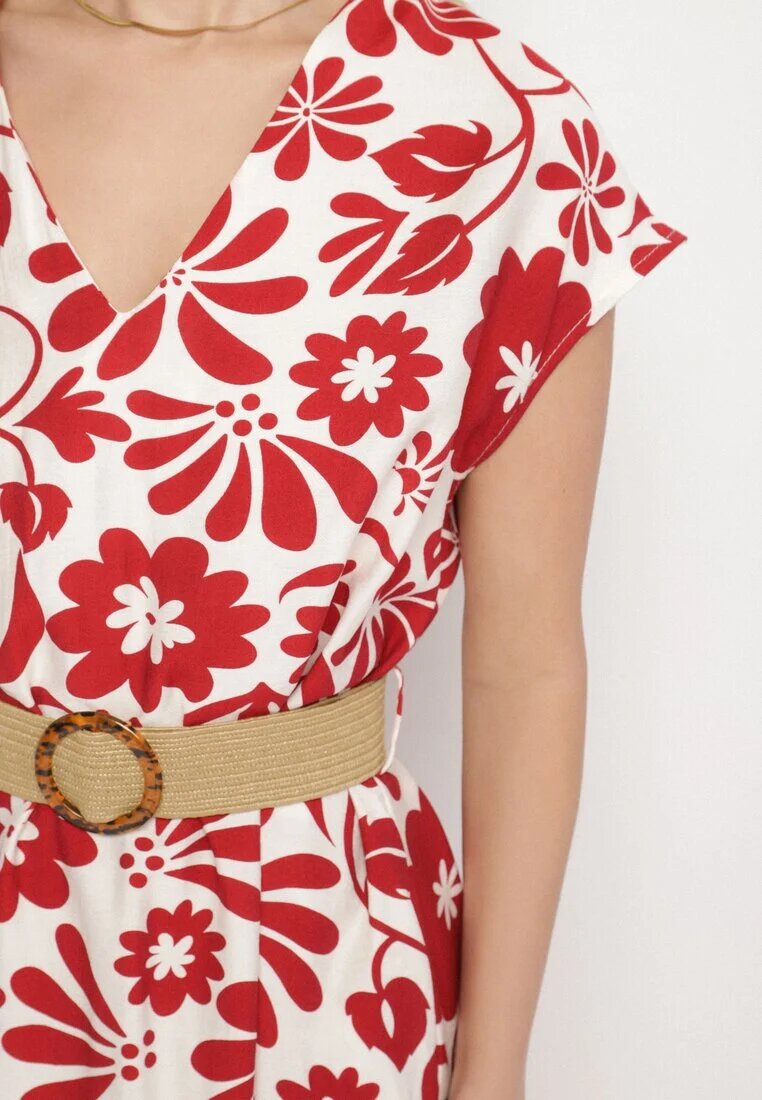 rosa Rochie Roșie din viscoză cu croi evazat cu curea decorativă cu cataramă Zarolena