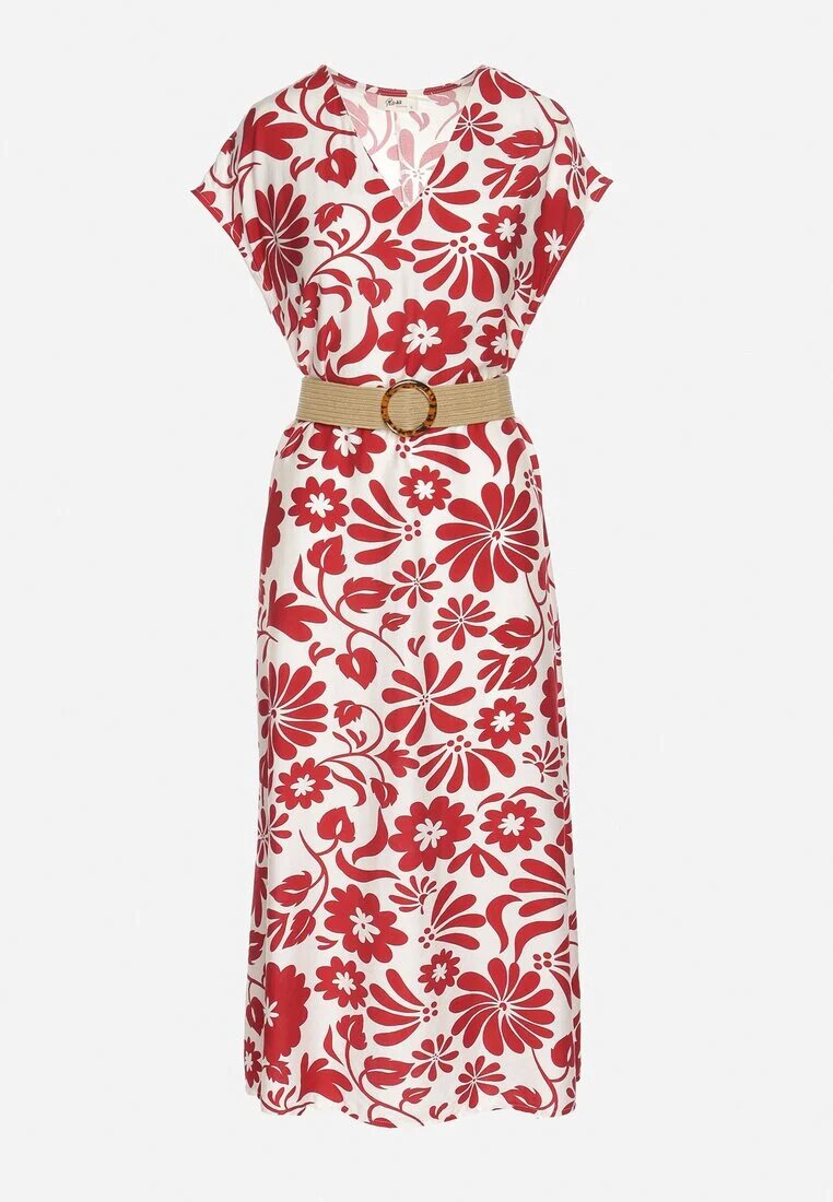 rosa Rochie Roșie din viscoză cu croi evazat cu curea decorativă cu cataramă Zarolena