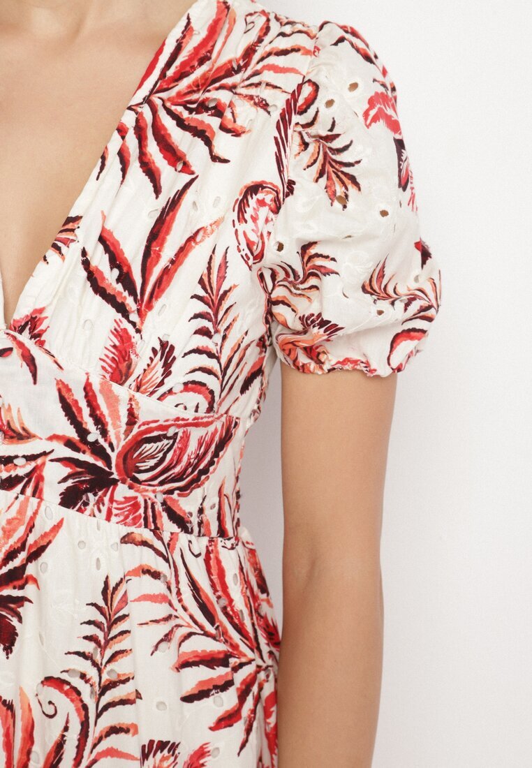 rosa Rochie Roșie Evazată cu decolteu în V decorată cu model floral Evilirae