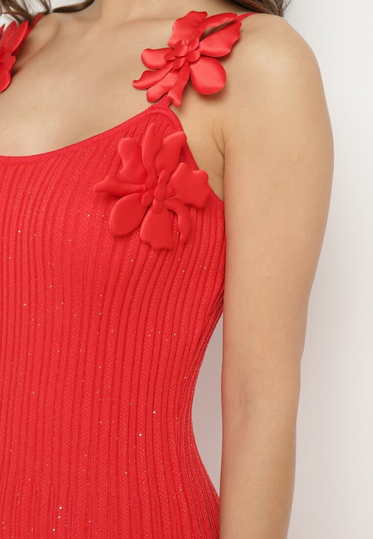 rosa Rochie roșie mulată din viscoză decorată cu flori 3D Yennira
