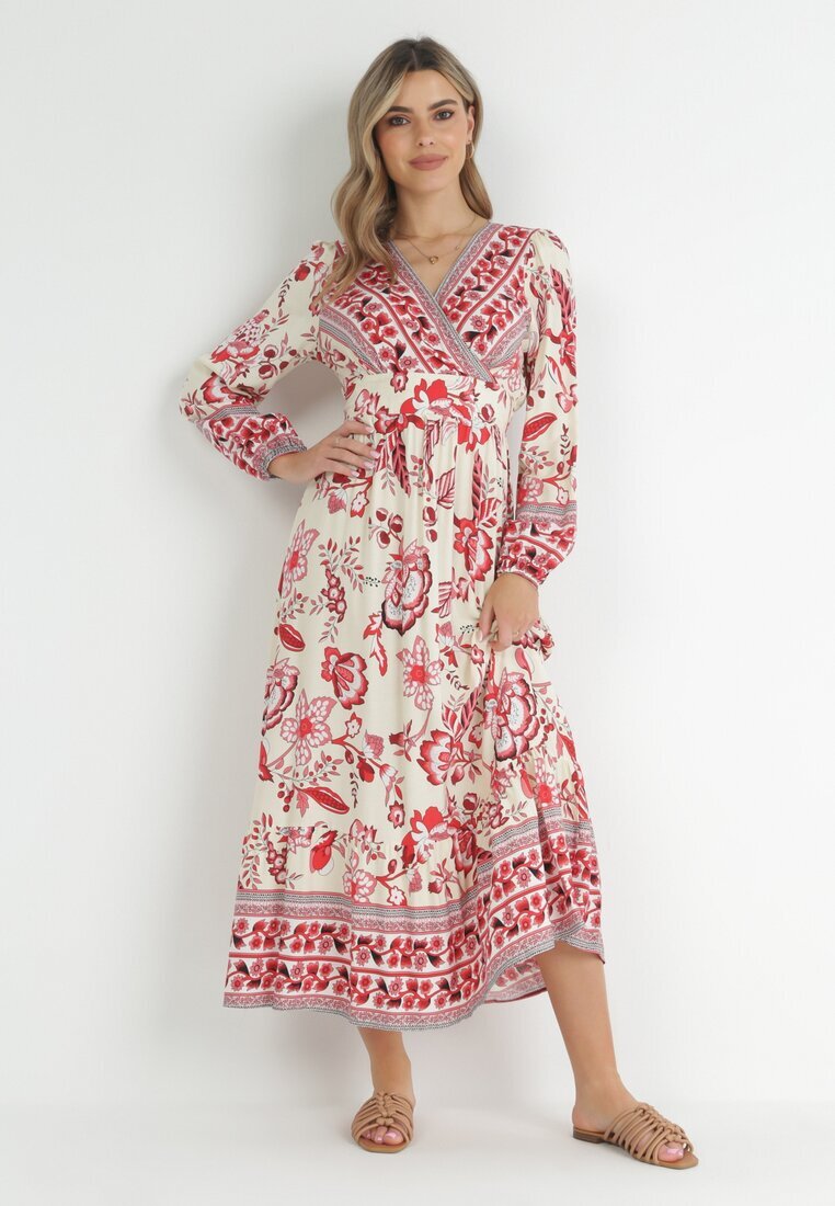 rosa Rochie Roșu-Bej Cloș Maxi cu Elastice în Talie și Volan Apollo