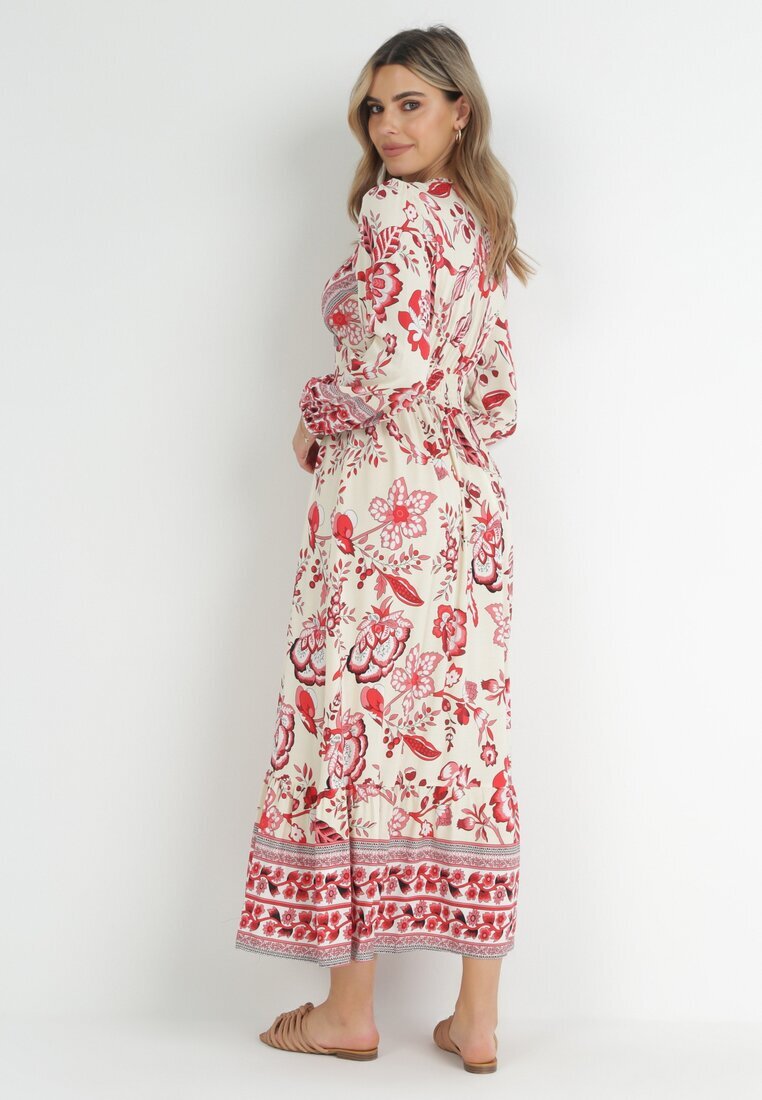 rosa Rochie Roșu-Bej Cloș Maxi cu Elastice în Talie și Volan Apollo