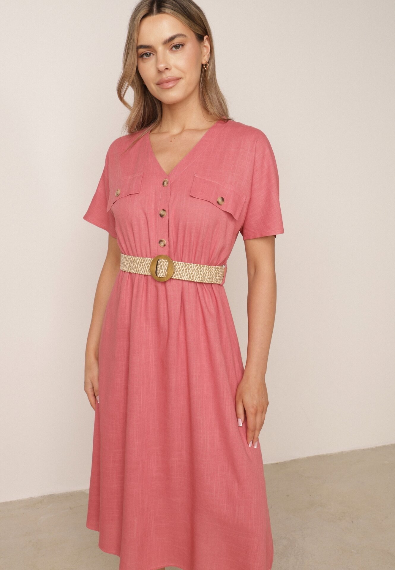 rosa Rochie Roz închis din bumbac Midi cu elastic în talie și curea cu cataramă Daylia