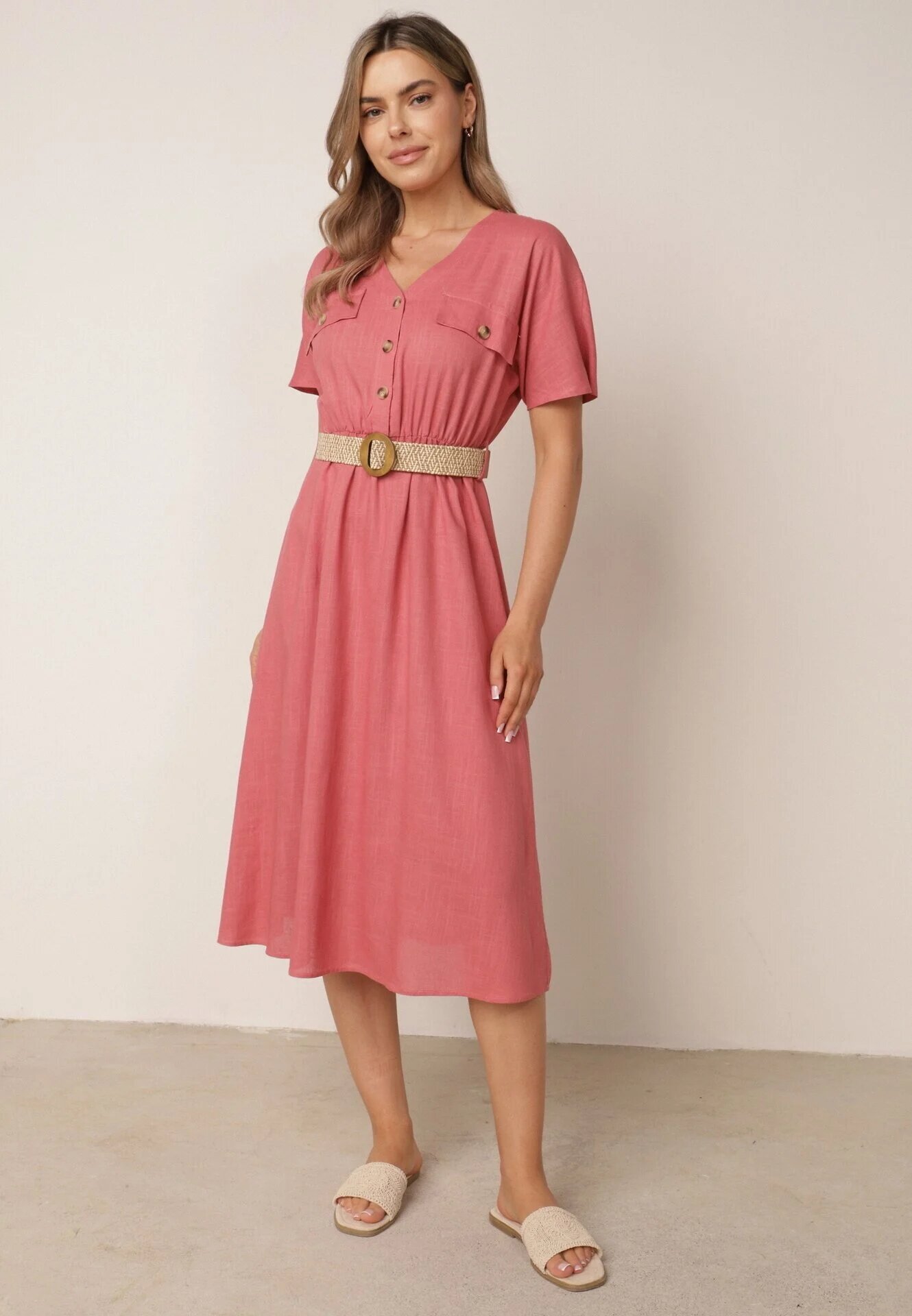 rosa Rochie Roz închis din bumbac Midi cu elastic în talie și curea cu cataramă Daylia
