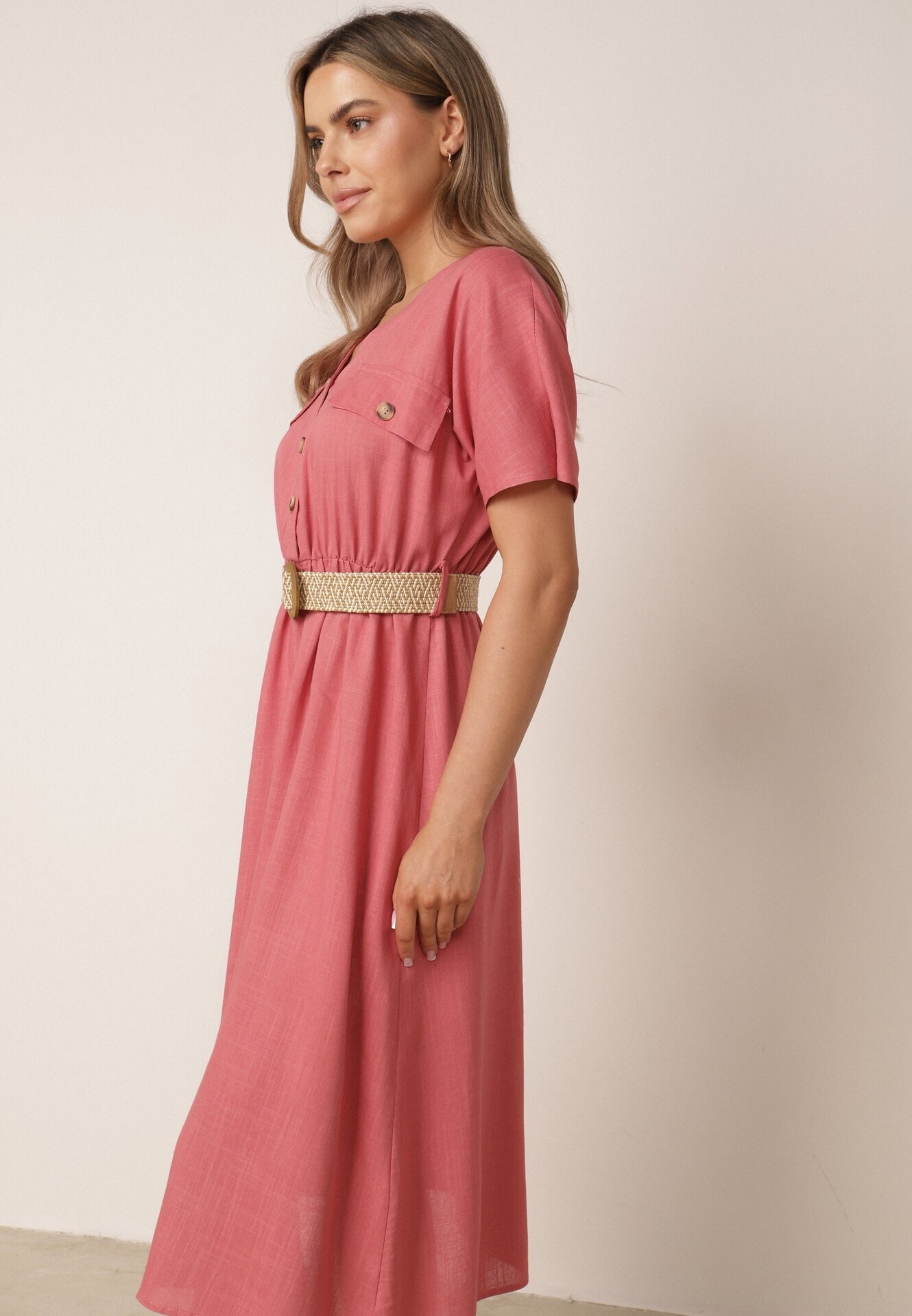 rosa Rochie Roz închis din bumbac Midi cu elastic în talie și curea cu cataramă Daylia